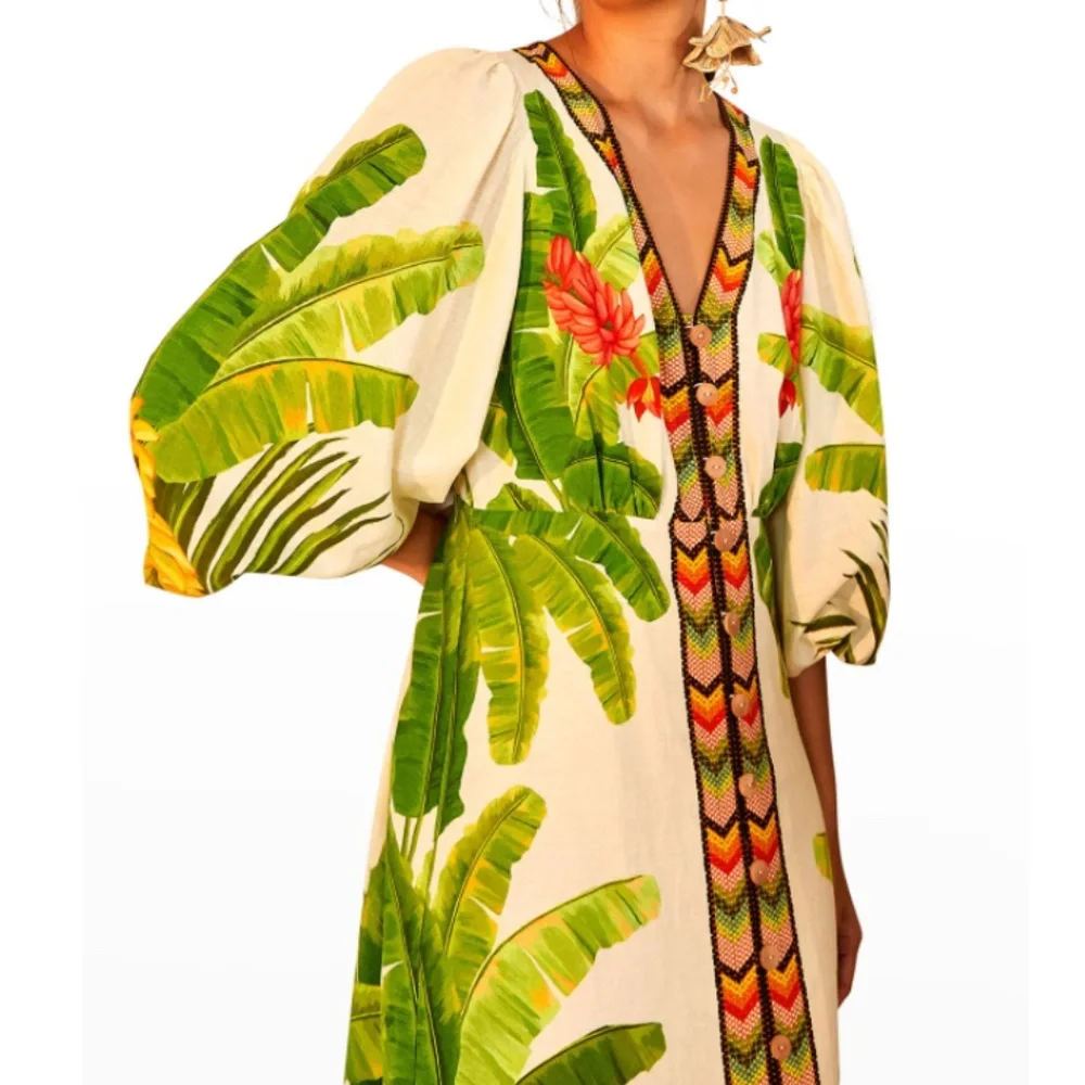 NWT $275 Farm Rio Fresh Forest Puff-Sleeve Midi Dress in Small!